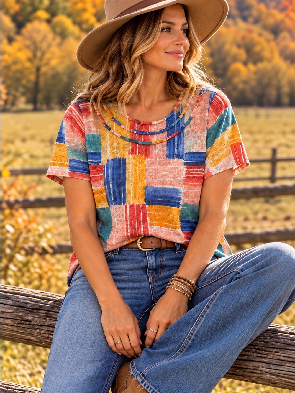 Alfred Dunner Petite PM Multicolor Boho Patchwork Short Sleeve Top NWT